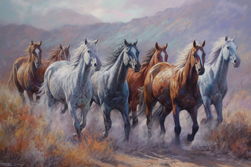 A Striking Acrylic Color Print of Seven Majestic Horses Running Free in the Valley