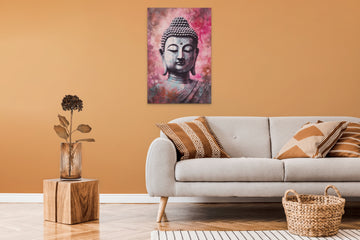 A Pastel Portrait Print of Buddha in Pink and Black Brushstrokes on Linen