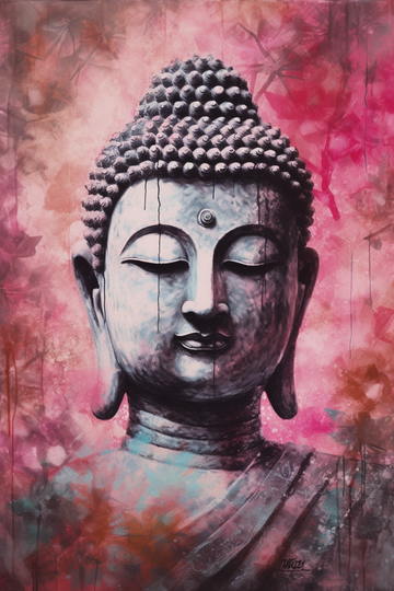 A Pastel Portrait Print of Buddha in Pink and Black Brushstrokes on Linen