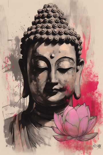 Lotus Serenity: A Pastel Color Print of Buddha in Pink and Black Brushstrokes