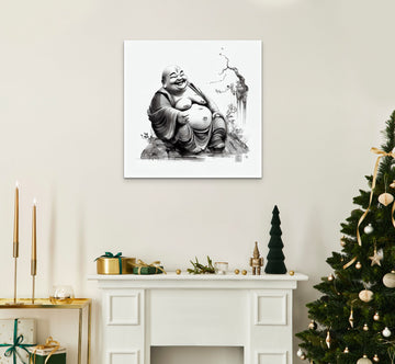 "Print of Joyful Serenity: Beautiful Pencil Sketch Portrait Print of Laughing Buddha for Your Home and Office Decor"