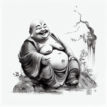"Print of Joyful Serenity: Beautiful Pencil Sketch Portrait Print of Laughing Buddha for Your Home and Office Decor"