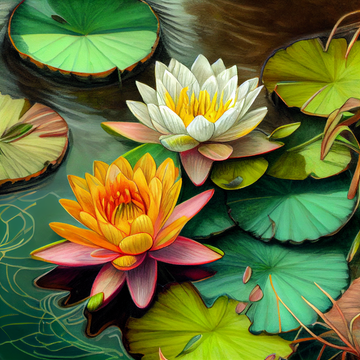 Serene Reflections: Fully Bloomed Water Lilies Oil Painting Print