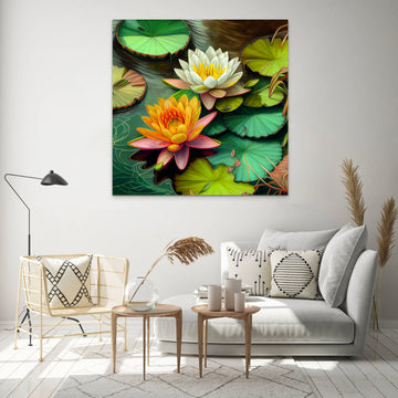 Serene Reflections: Fully Bloomed Water Lilies Oil Painting Print