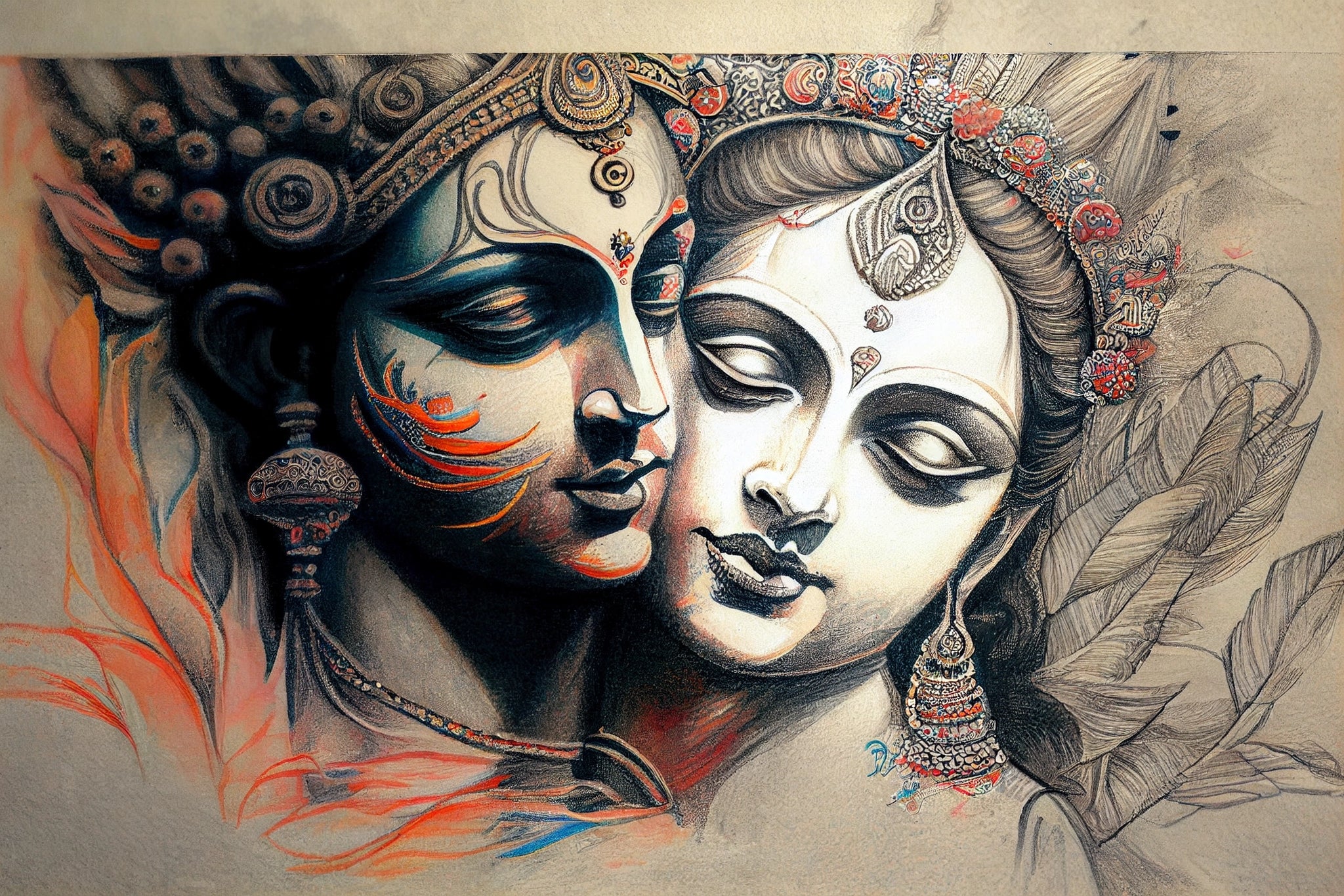 Divine Love: A Colored Pencil Print of Lord Radha Krishna in Ecstatic Love
