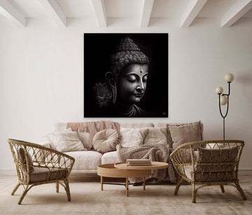 Enlightened Beauty: Pencil Art Print of Lord Buddha Face on Black Plain Background