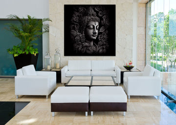 Divine Detail: Pencil Art Print of Lord Buddha Face on Intricately Detailed Black Background