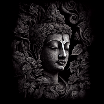 Divine Detail: Pencil Art Print of Lord Buddha Face on Intricately Detailed Black Background