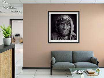 Spirit of Compassion: Stunning Pencil Portrait Print of Mother Teresa on a Bold Black Background
