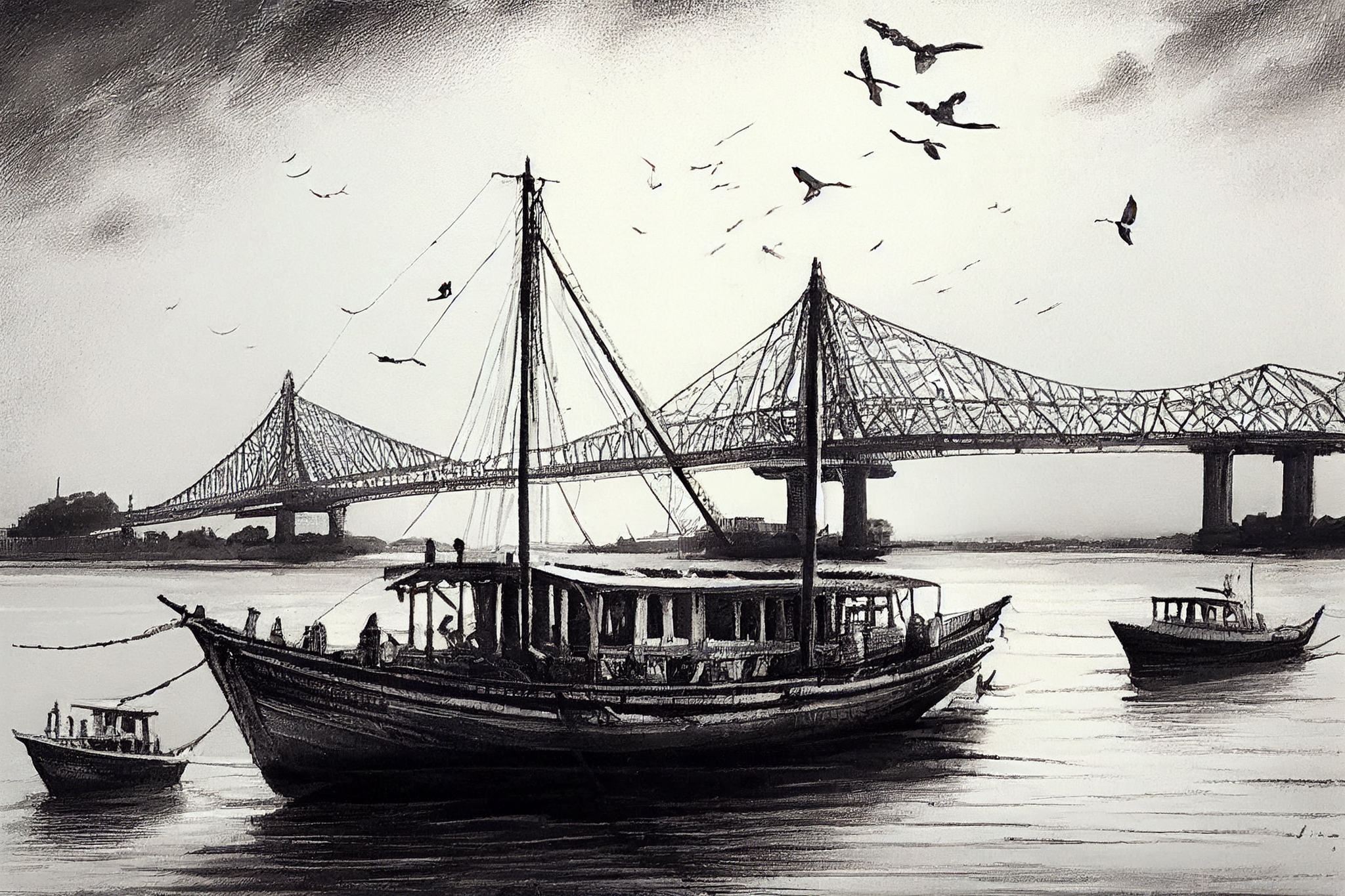 Capturing Kolkata's Iconic Howrah Bridge: A Pencil Sketch of Boats, Clouds, and Birds in the Background