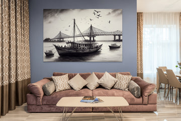 Capturing Kolkata's Iconic Howrah Bridge: A Pencil Sketch of Boats, Clouds, and Birds in the Background