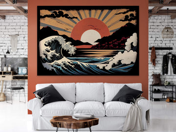 Rising Sun Serenity: A Stunning Pop Art Print of Japanese Sunrise with Sea Waves