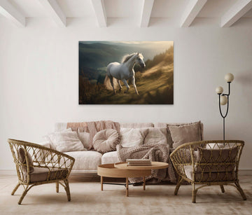 A Charcoal Print of Two Majestic Horses Galloping through the Forest