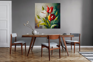 Blooming Beauty: Oil Art Print of Tulips with a Green and White Background - Ideal for Living Room, Bedroom, and Office Wall Decor
