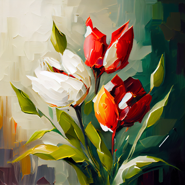 Blooming Beauty: Oil Art Print of Tulips with a Green and White Background - Ideal for Living Room, Bedroom, and Office Wall Decor