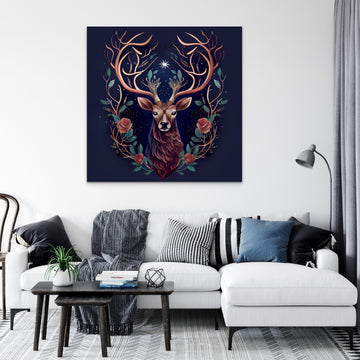 Printed Serenity: The Face of a Reindeer Adorned with Flowers on Midnight Blue Background