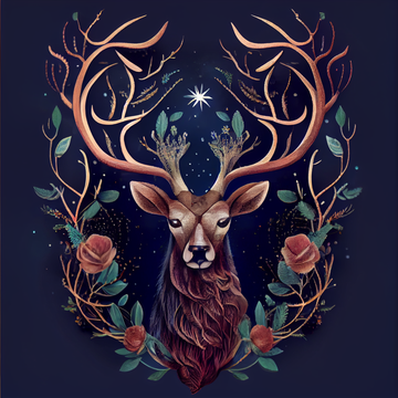 Printed Serenity: The Face of a Reindeer Adorned with Flowers on Midnight Blue Background