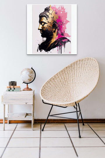 Radiant Serenity: A Pink and Black Brushstroke Depiction of Lord Buddha with Golden Leaf Accents