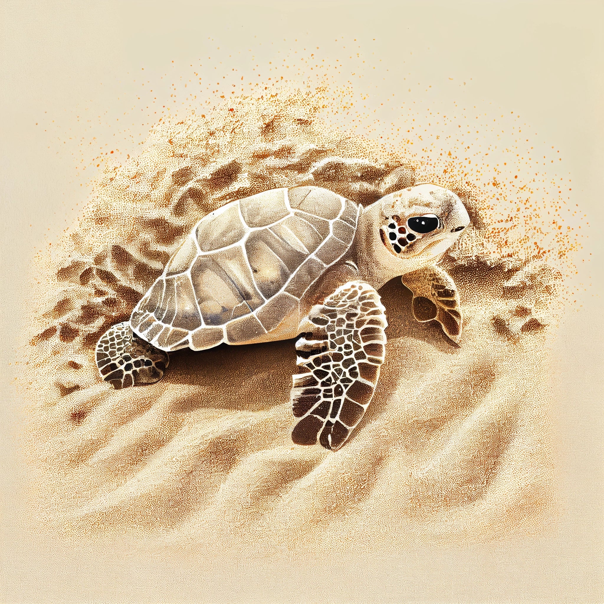 Cute Baby Turtle Spray Color Painting Print on Light Beige Linen-Looking Sand