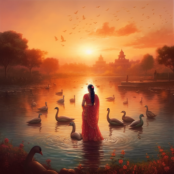 A Stunning Spray Art Print of Radha and Swans in a Breathtaking Sunrise Scene