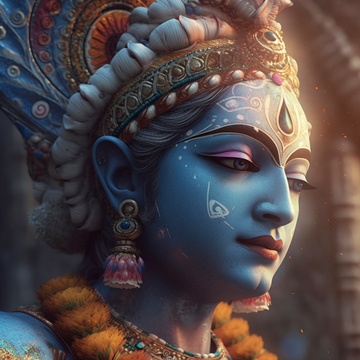 Divine Dawn: A Captivating Close-Up of Lord Krishna Print in a Temple at Sunrise