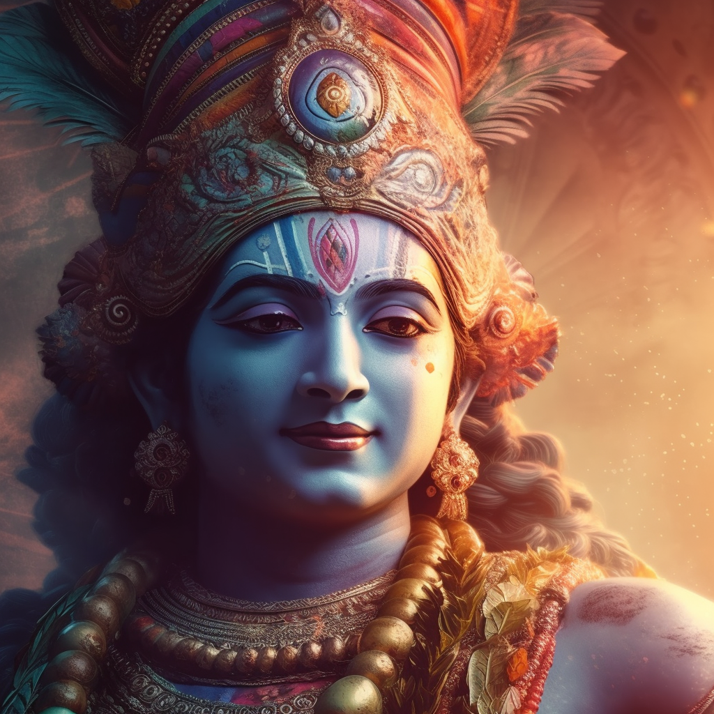 Divine Sunrise: A Stunning Close-up Print of Lord Krishna at a Serene Temple