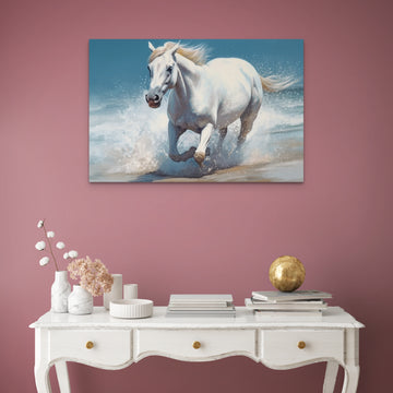 Capturing the Majesty: A Stunning Spray Print of a White Horse Galloping Across the Beach