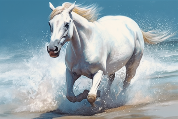 Capturing the Majesty: A Stunning Spray Print of a White Horse Galloping Across the Beach