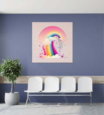 Radiant Bliss: Spray Art Print of Rainbow on Baby Pink Background