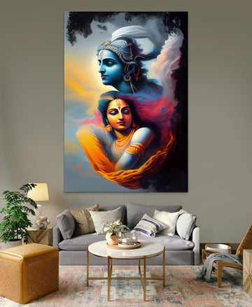 Devotion: A Captivating Spray Art Print of Radha Krishna, Embodied in Vibrant Colors and Divine Love