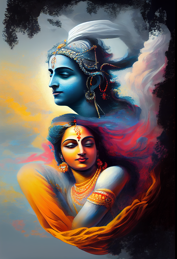 Devotion: A Captivating Spray Art Print of Radha Krishna, Embodied in Vibrant Colors and Divine Love