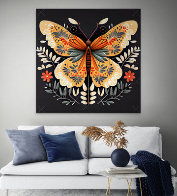 Symmetrical Butterfly - Fine Art Print of Scandinavian Folk Art with Bright Floral Pattern