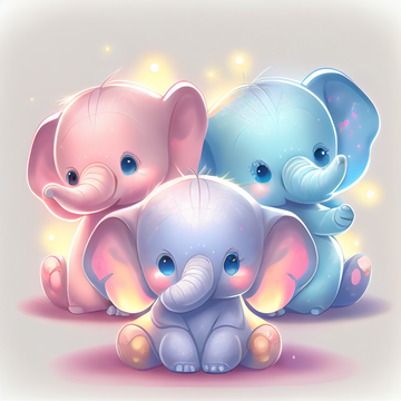 Joyful Jumbos: Three Cute Baby Elephants in Playful Pastel Colors, Illuminated by Sunbeams on a White Background