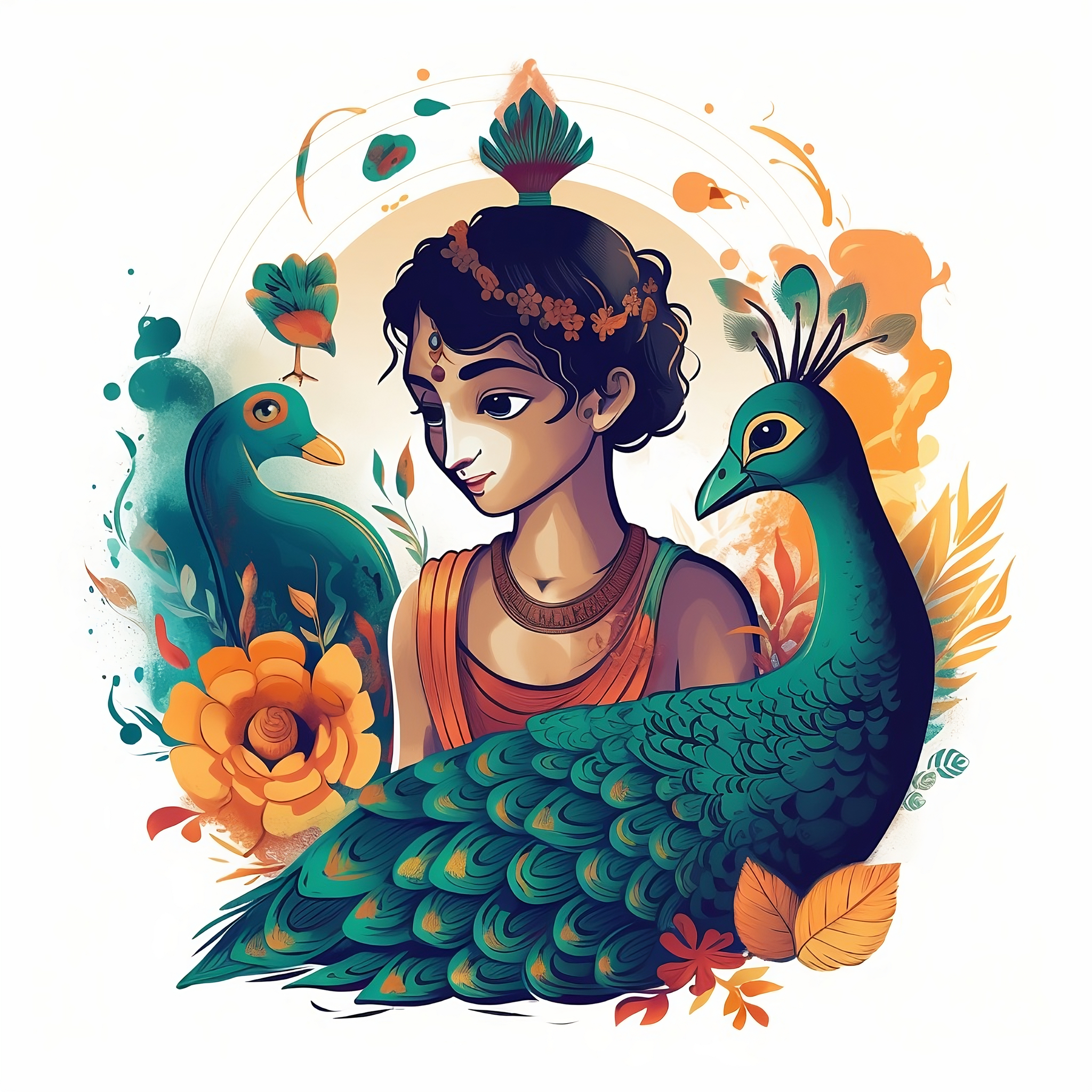 Divine Serenity: Baal Krishna and his Peacock Companions in Vector Art Print on White Background