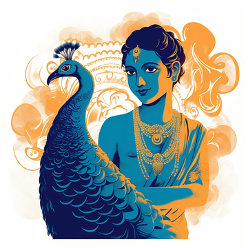 A Stunning Vector Art Print of Lord Krishna in Warm Blue and Yellow Hues
