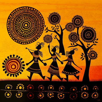 Vibrant Colors Warli Art Digital Print for Home & Office Wall Decorations