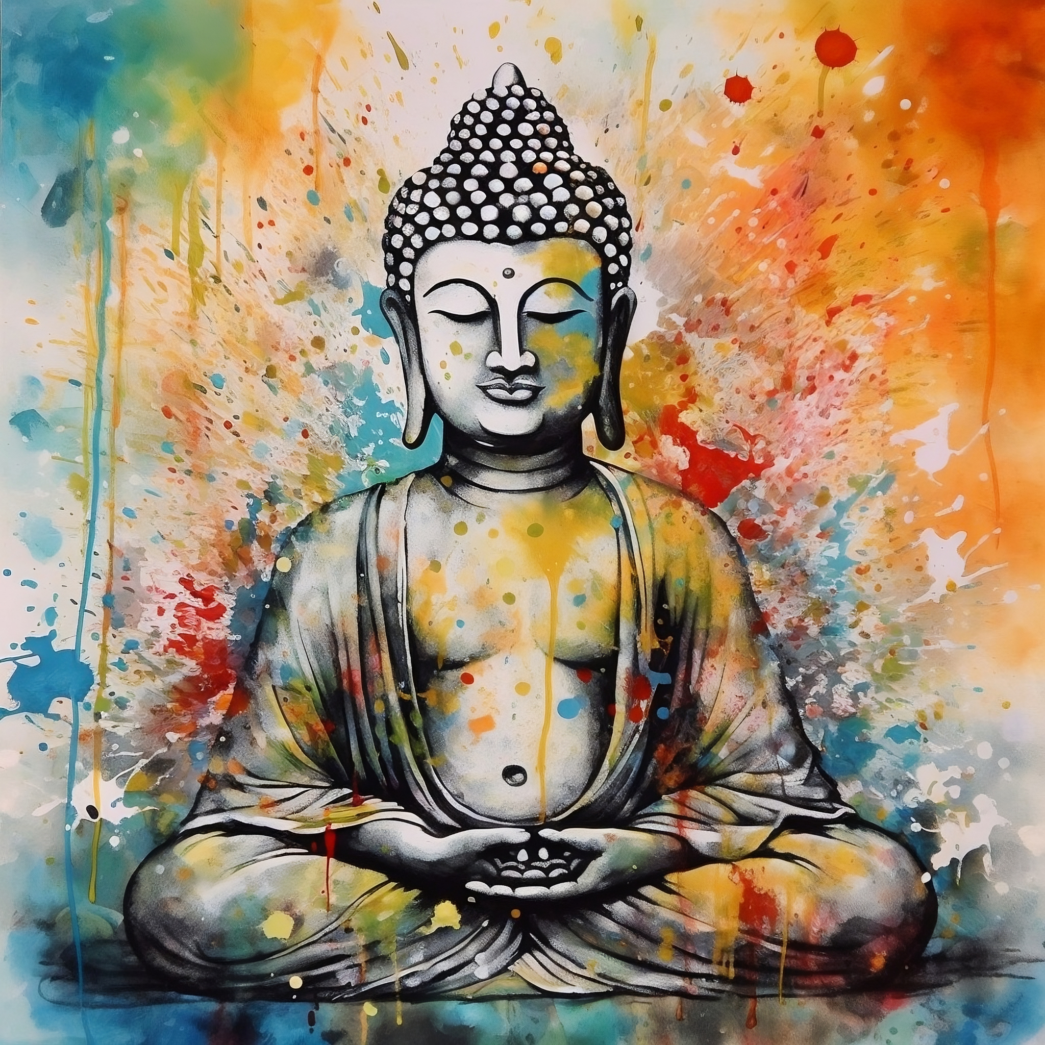 A Vibrant Watercolor Print of Buddha with Splashes of Life