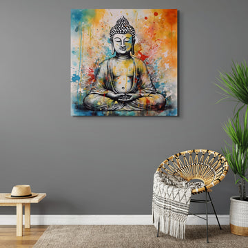 A Vibrant Watercolor Print of Buddha with Splashes of Life