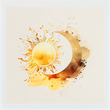 Golden Solstice: Watercolor Graphic Print of Sun and Moon on Beige Background