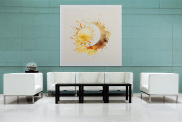 Golden Solstice: Watercolor Graphic Print of Sun and Moon on Beige Background