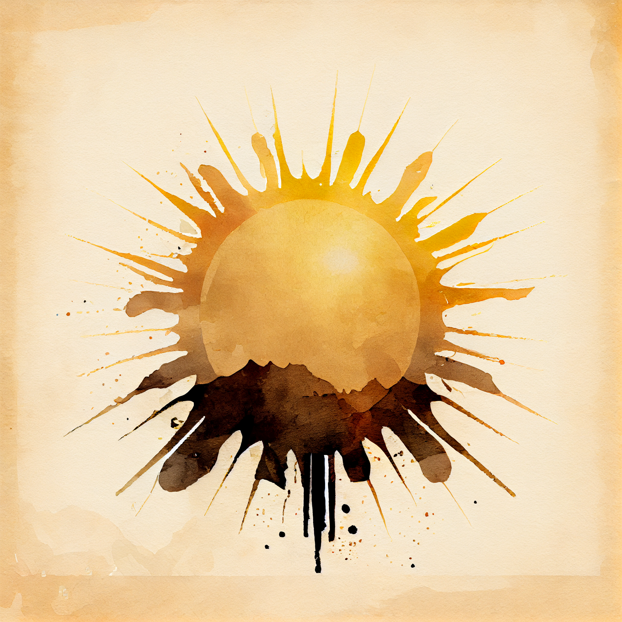 Radiant Sunrise: A Beautiful Watercolor Graphic Print of a Half-Golden Sun and Sun-rays with Light Black Strokes on a Beige Background