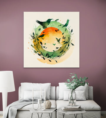 Radiant Sun and Soaring Birds: Captivating Watercolor Graphic Print