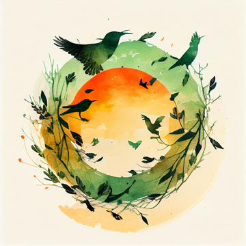 Radiant Sun and Soaring Birds: Captivating Watercolor Graphic Print