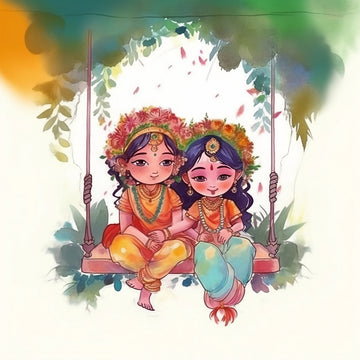 Blessed Love of Baby Radha Krishna on Floral Swing Anime-Style Watercolor Print
