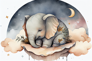 Charming Baby Elephant on a Dreamy Half Moon: A Watercolor Anime Print