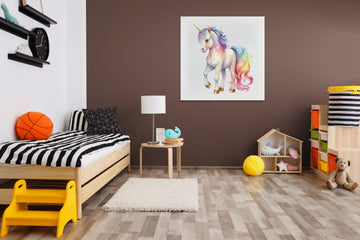 Rainbow Unicorn: A Delightful Watercolor Anime Image of a Baby Unicorn with a Vibrant Rainbow in the Background, Perfect for Kids and Nursery Wall Decor