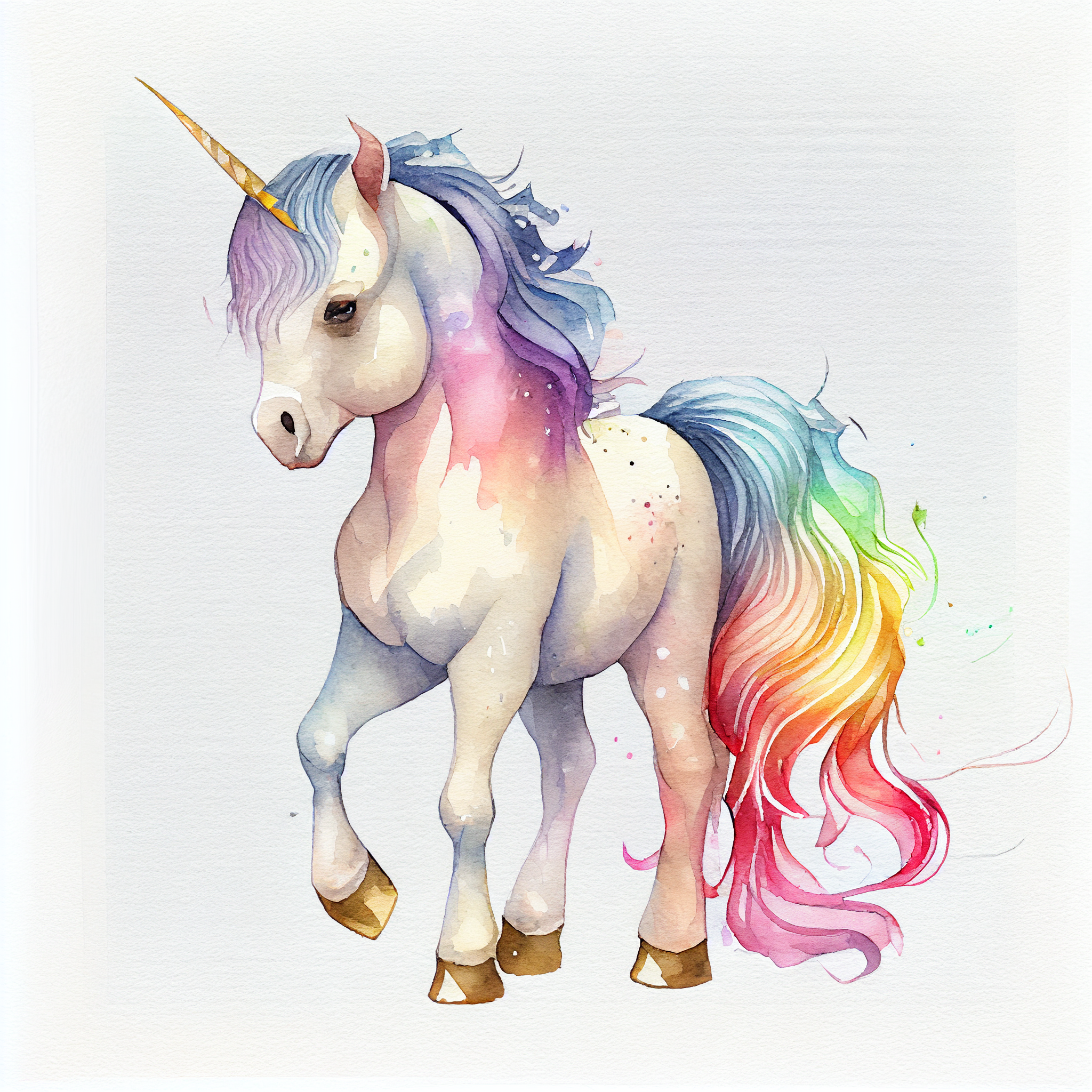 Rainbow Unicorn: A Delightful Watercolor Anime Image of a Baby Unicorn with a Vibrant Rainbow in the Background, Perfect for Kids and Nursery Wall Decor