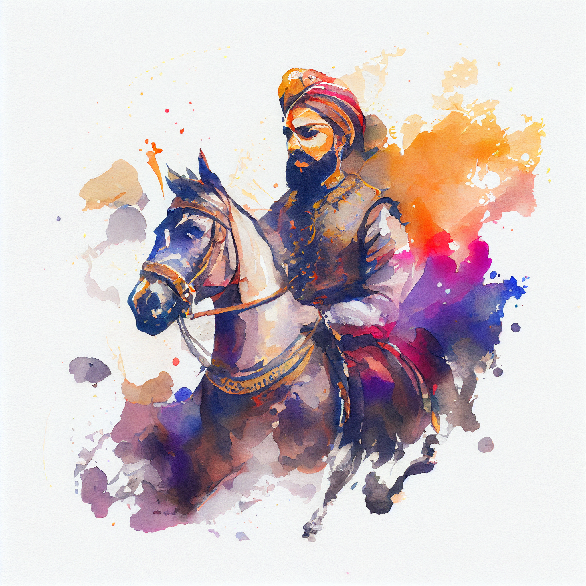 "Majestic Ride: Traditional Indian Man on Horse Painting Print"