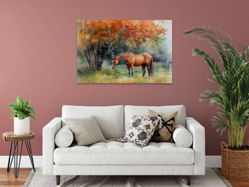 A Captivating Watercolor Painting Print of a Horse Standing Tall under a Vibrant Gulmohar Tree