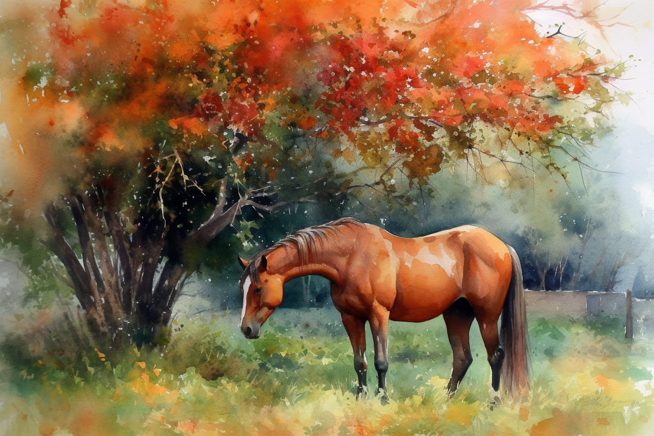 A Captivating Watercolor Painting Print of a Horse Standing Tall under a Vibrant Gulmohar Tree